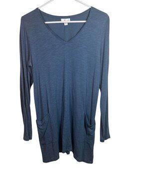 J Jill Blue Long-Sleeve V-Neck Tunic Top With Front Pockets Lightweight Fabric W